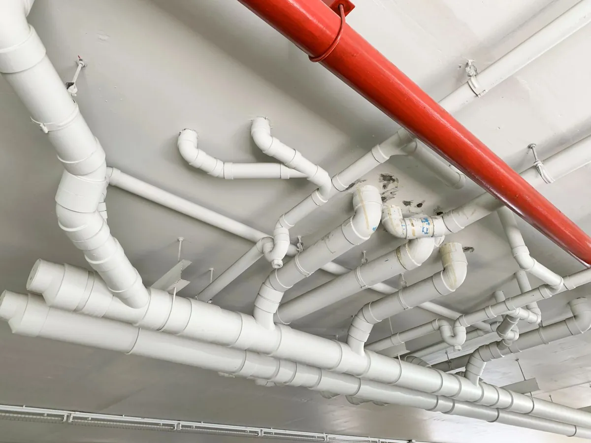 Overhead runs of white waste and vent piping under a ceiling, with a red sprinkler main crossing above them.