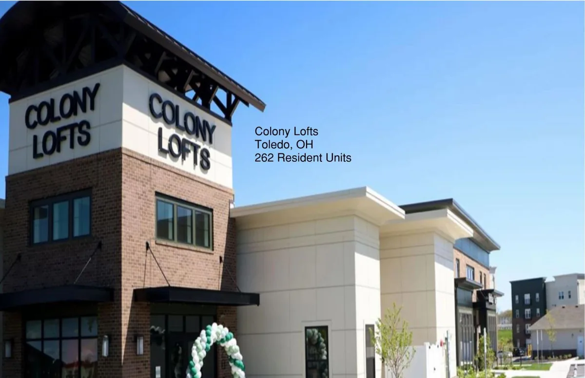 A multifamily residential building, exterior view of the completed development.